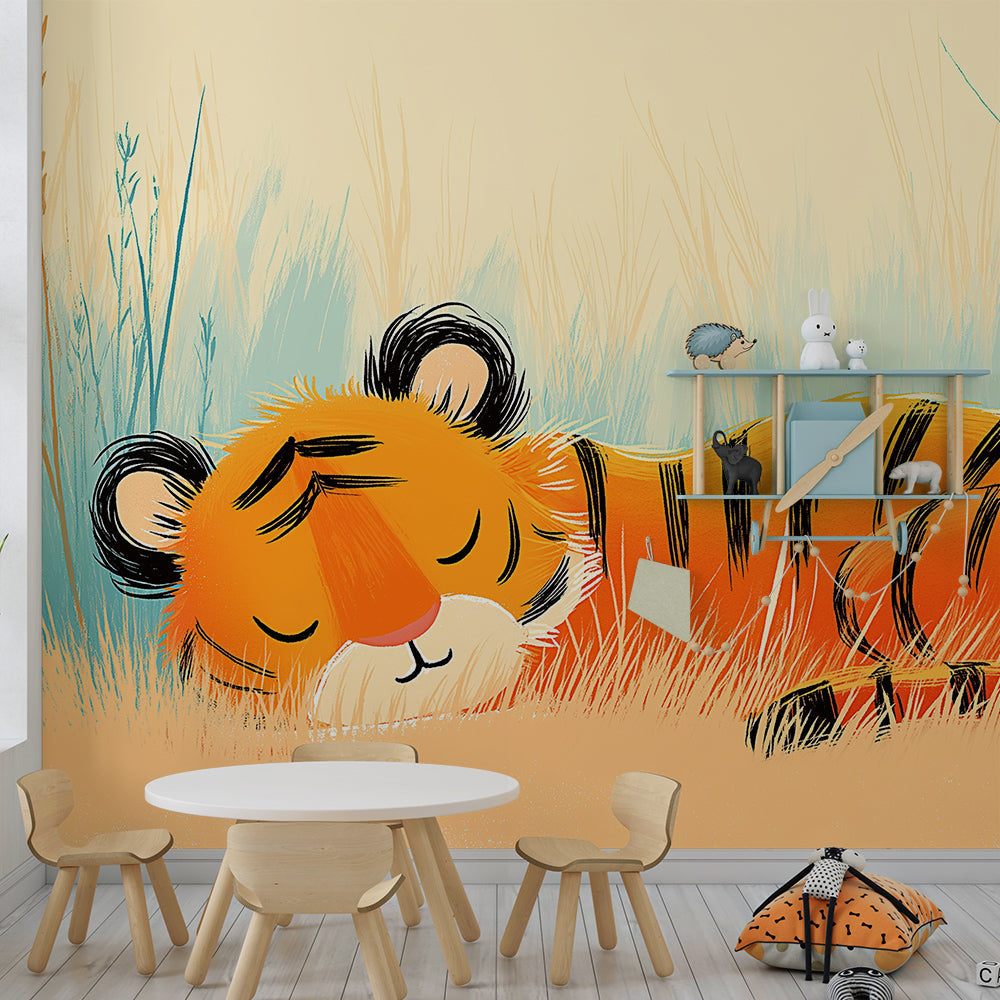 Kids-Mundo tiger meadow nap mural bringing warmth to a kids bedroom wall