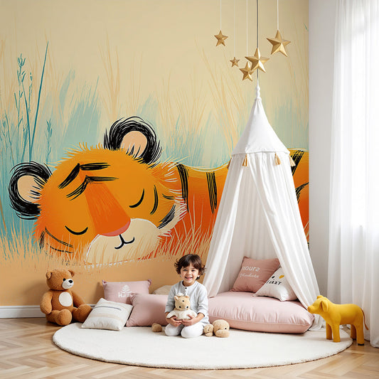 Kids-Mundo sleeping tiger meadow wall mural in a warm sunny baby nursery