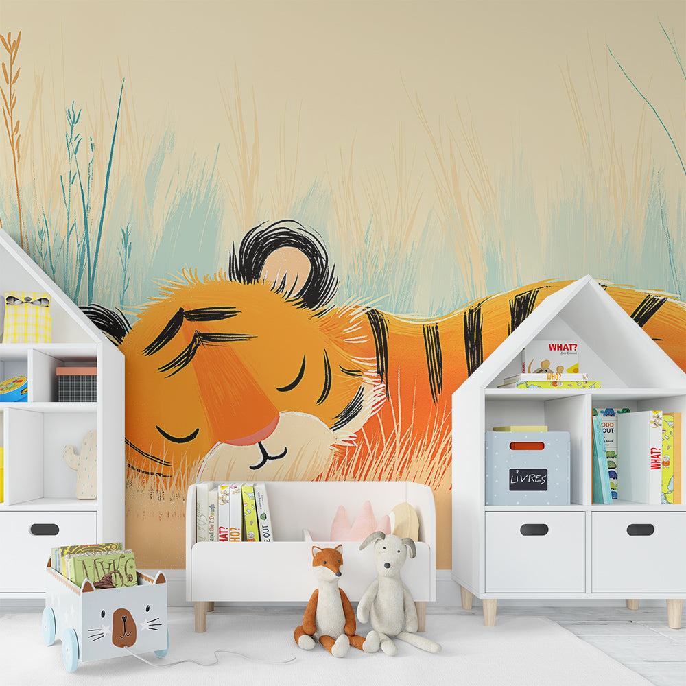 Kids-Mundo sunny meadow tiger wall mural adding calm to a cosy playroom
