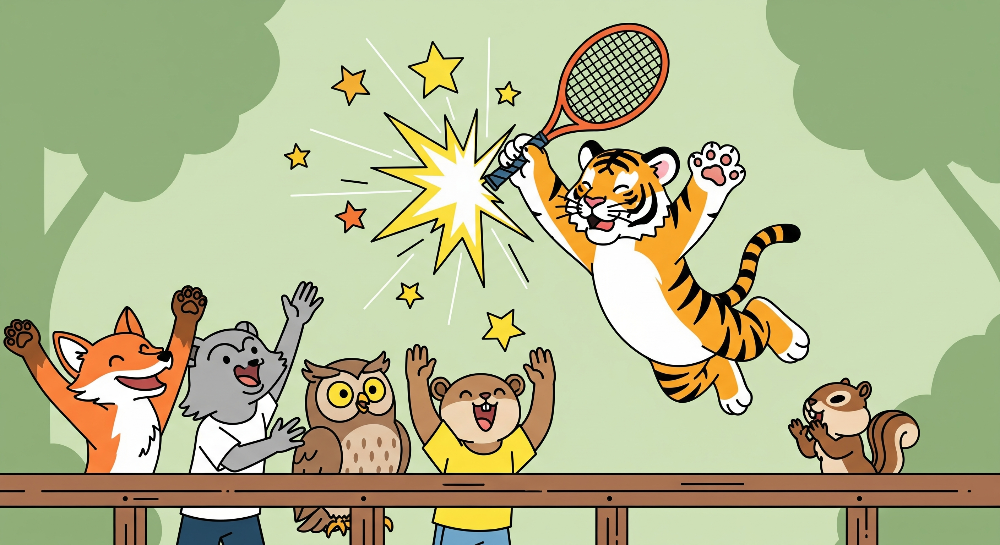 Kids-Mundo flat artwork of a tiger playing tennis with cheering animal friends for a wall mural.