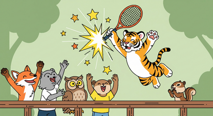 Kids-Mundo flat artwork of a tiger playing tennis with cheering animal friends for a wall mural.