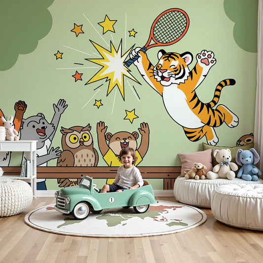 Kids-Mundo tiger tennis wall mural with cheering animal friends printed made to measure in a nursery.