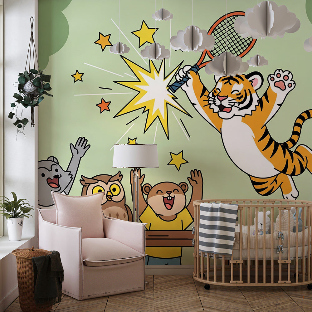Kids-Mundo playful tiger tennis wall mural with cheering friends in a playroom setting.