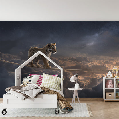 Kids-Mundo tiger cub on a tightrope mural creating a bold feature in a kids bedroom.