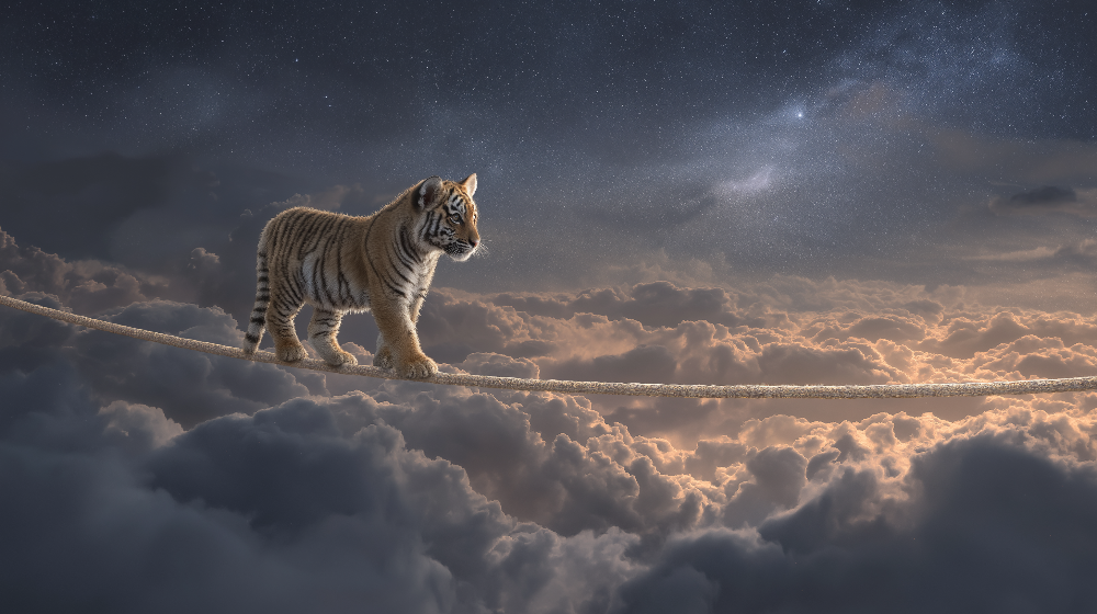 Tiger Cub on a Tightrope Wall Mural