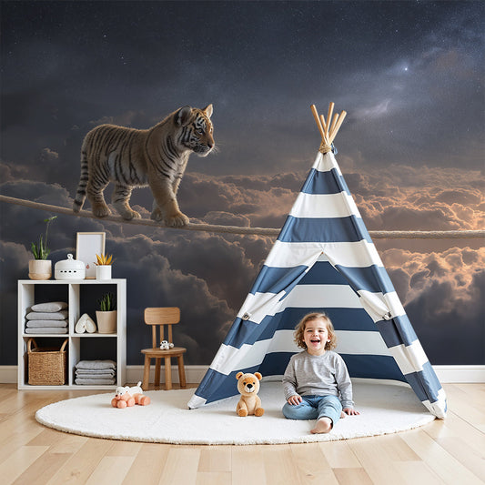 Kids-Mundo starry tiger cub wall mural bringing a dreamy night-sky feel to a nursery.