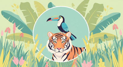 Kids-Mundo flat artwork of a tiger and toucan jungle circle wall mural design
