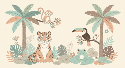 Kids-Mundo flat artwork of a pastel jungle scene with tiger, monkey, toucan and frog for a wall mural.