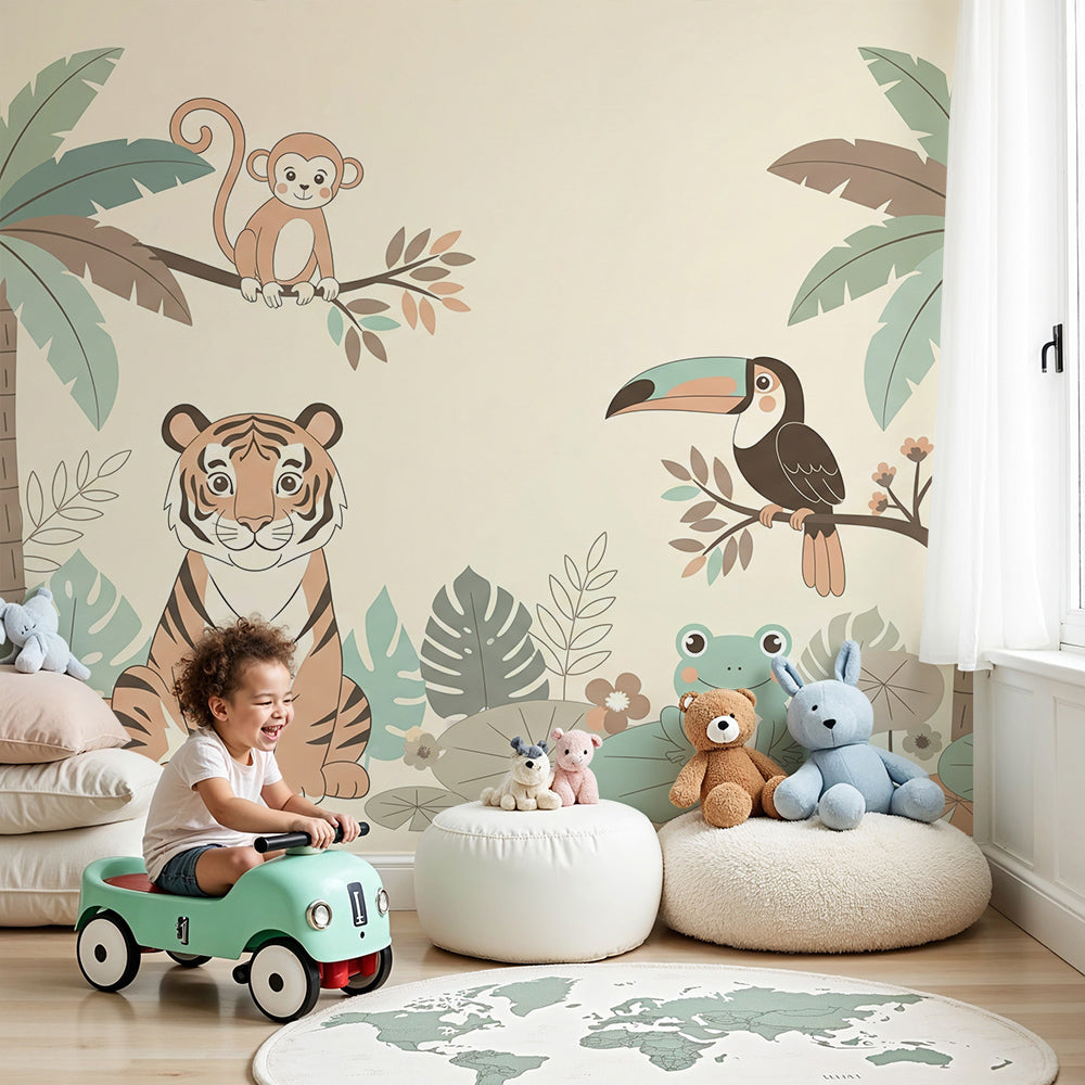 Kids-Mundo pastel jungle animal wall mural with a tiger and toucan printed made to measure in a nursery.