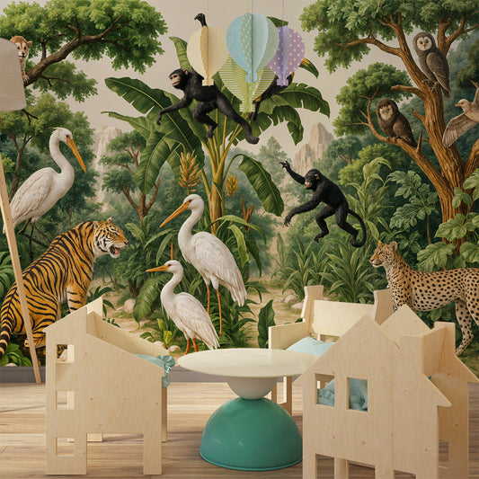 Kids-Mundo jungle wildlife wall mural covering a feature wall in a child's bedroom.