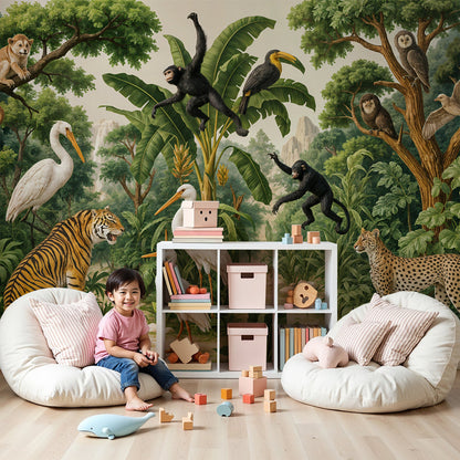 Kids-Mundo tiger and jungle wildlife wall mural in a neutral nursery with a cot and rug.