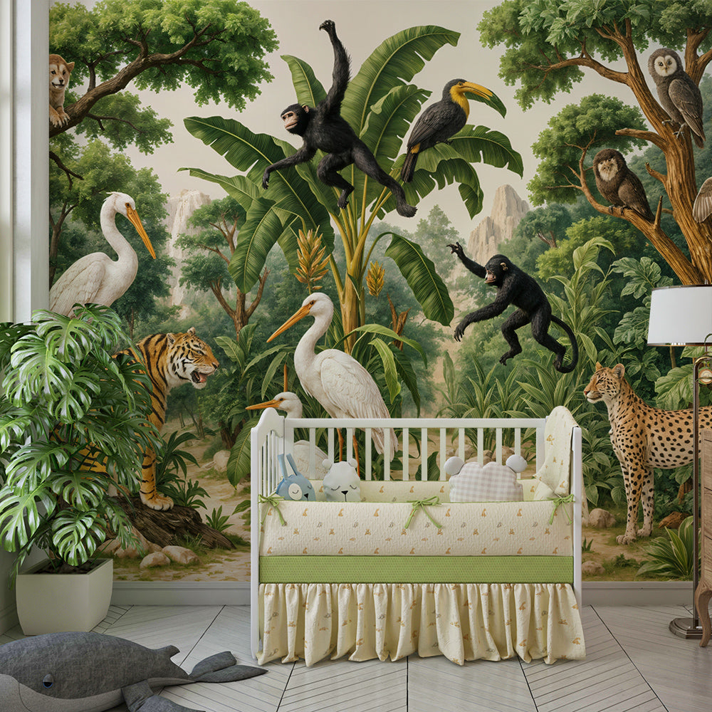 Kids-Mundo tiger and toucan jungle mural adding detail to a lively playroom wall.