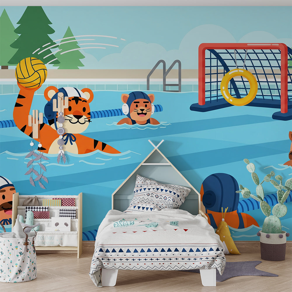 Kids-Mundo tiger water polo mural covering a feature wall in a kids bedroom