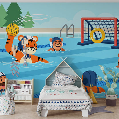 Kids-Mundo tiger water polo mural covering a feature wall in a kids bedroom