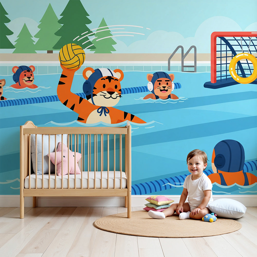 Kids-Mundo tiger water polo wall mural in a bright nursery with a cot underneath