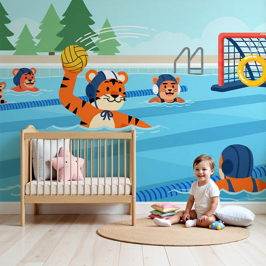 Kids-Mundo tiger water polo wall mural in a bright nursery with a cot underneath