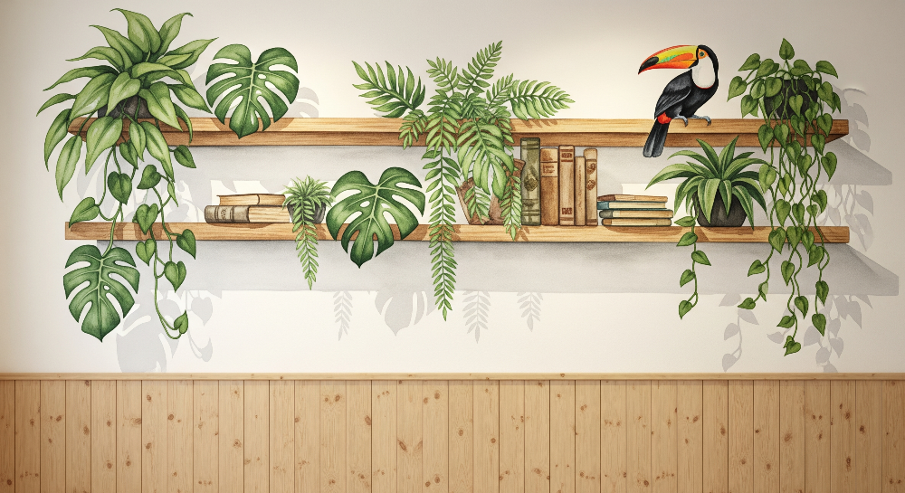 Toucan on a Bookshelf with Plants Wall Mural