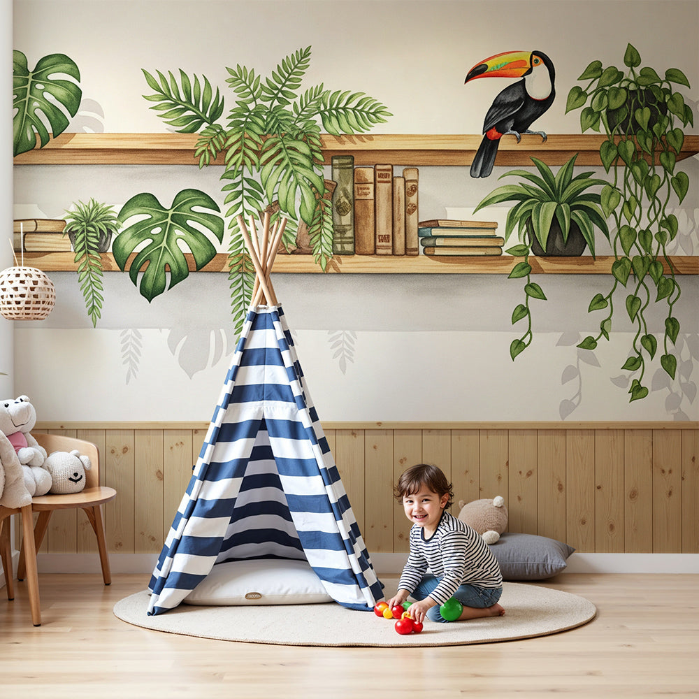 Kids-Mundo toucan bookshelf wall mural styled in a cosy reading nursery