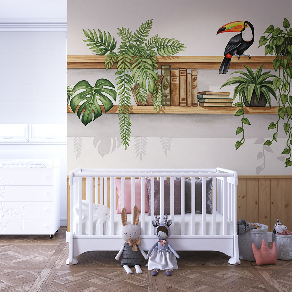 Kids-Mundo toucan bookshelf wall mural bringing charm to a playroom wall