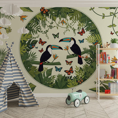 Kids-Mundo leafy toucan wall mural with butterflies in a bright kids bedroom
