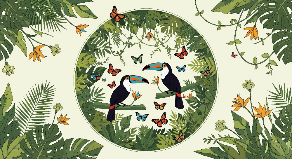 Toucans and Butterflies on Cream Jungle Wall Mural