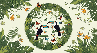 Kids-Mundo flat artwork of toucans, butterflies and monstera leaves wall mural design