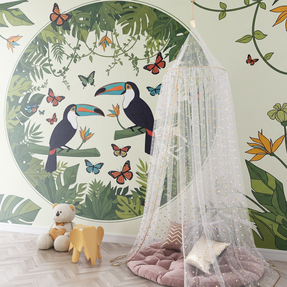 Kids-Mundo jungle circle wall mural with toucans and butterflies in a children's playroom