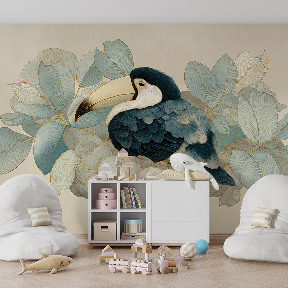 Kids-Mundo toucan on a soft cloud wall mural styled in a calm kids bedroom
