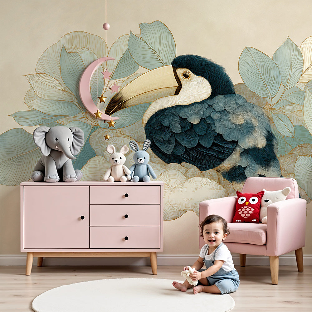 Kids-Mundo dusty blue toucan wall mural styled in a soft neutral nursery setting