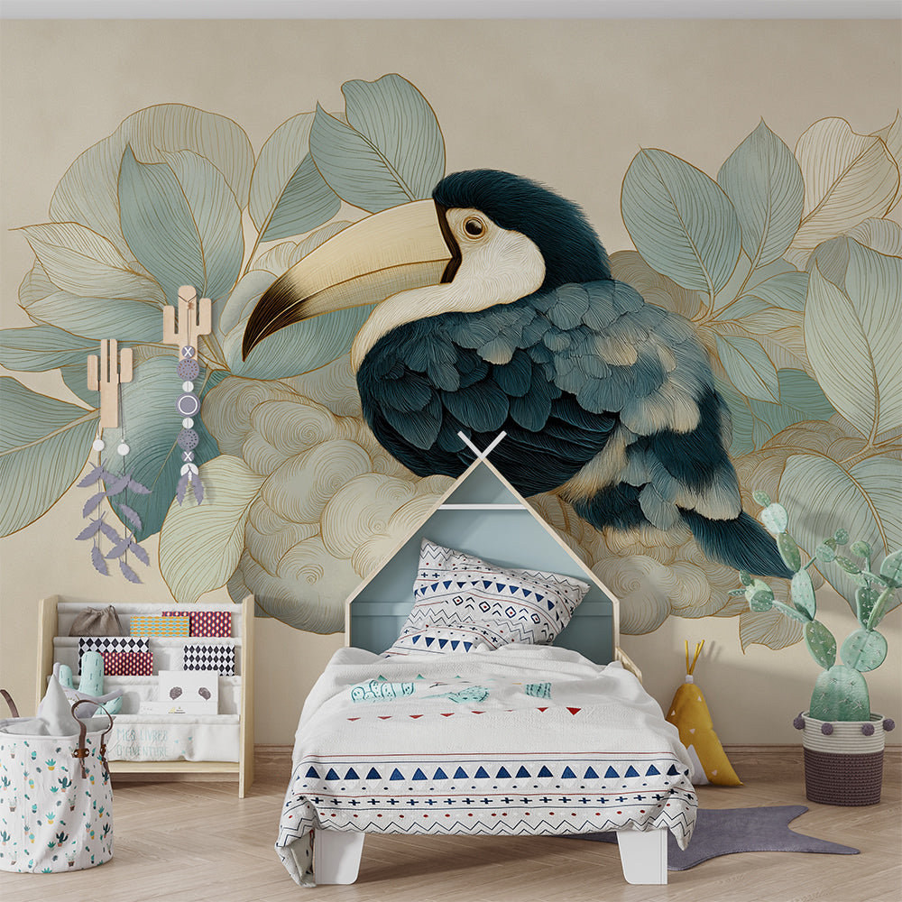 Kids-Mundo toucan wall mural bringing a gentle woodland feel to a playroom