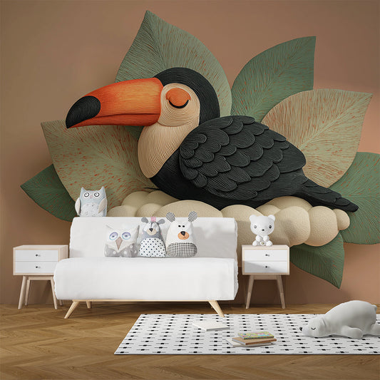 Kids-Mundo toucan cloud wall mural behind a bed in a soft neutral bedroom