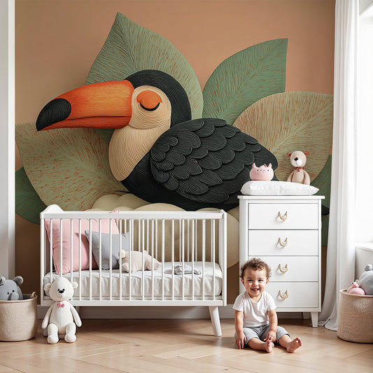 Kids-Mundo toucan on a cloud wall mural behind a cot in a blush pink nursery