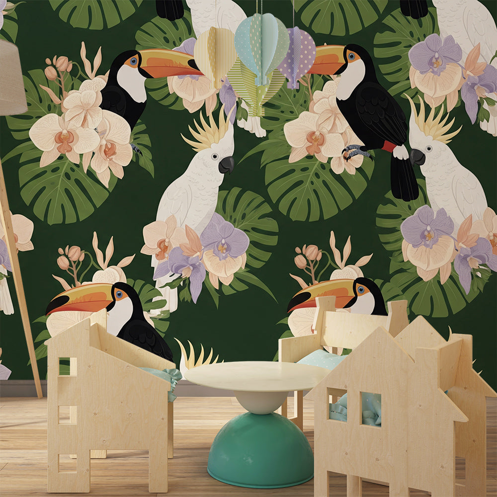 Kids-Mundo exotic bird wall mural styled in a deep green kids bedroom scheme