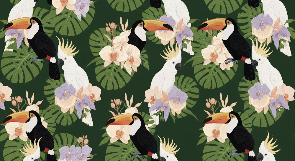 Toucan and Cockatoo Orchid Wall Mural