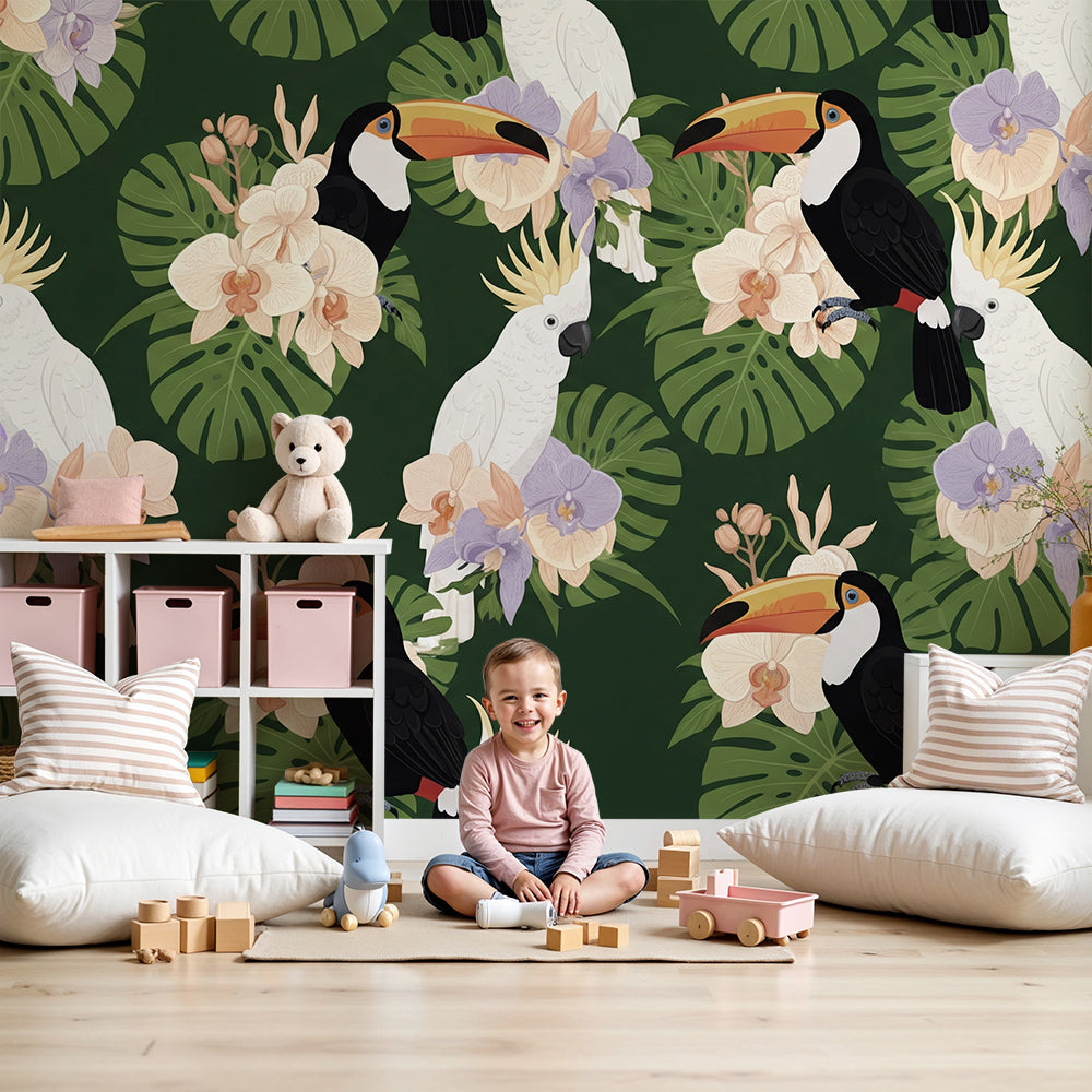 Kids-Mundo toucan and cockatoo orchid wall mural in a cosy nursery setting
