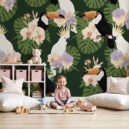 Kids-Mundo toucan and cockatoo orchid wall mural in a cosy nursery setting