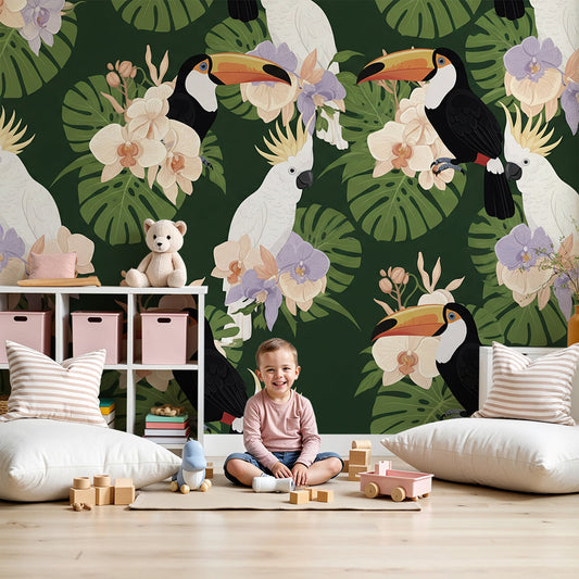 Kids-Mundo toucan and cockatoo orchid wall mural in a cosy nursery setting