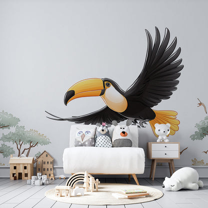Kids-Mundo flying toucan wall mural covering a feature wall in a modern kids' bedroom.