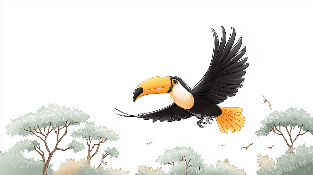 Flat artwork preview of the Kids-Mundo flying toucan treetops wall mural design.