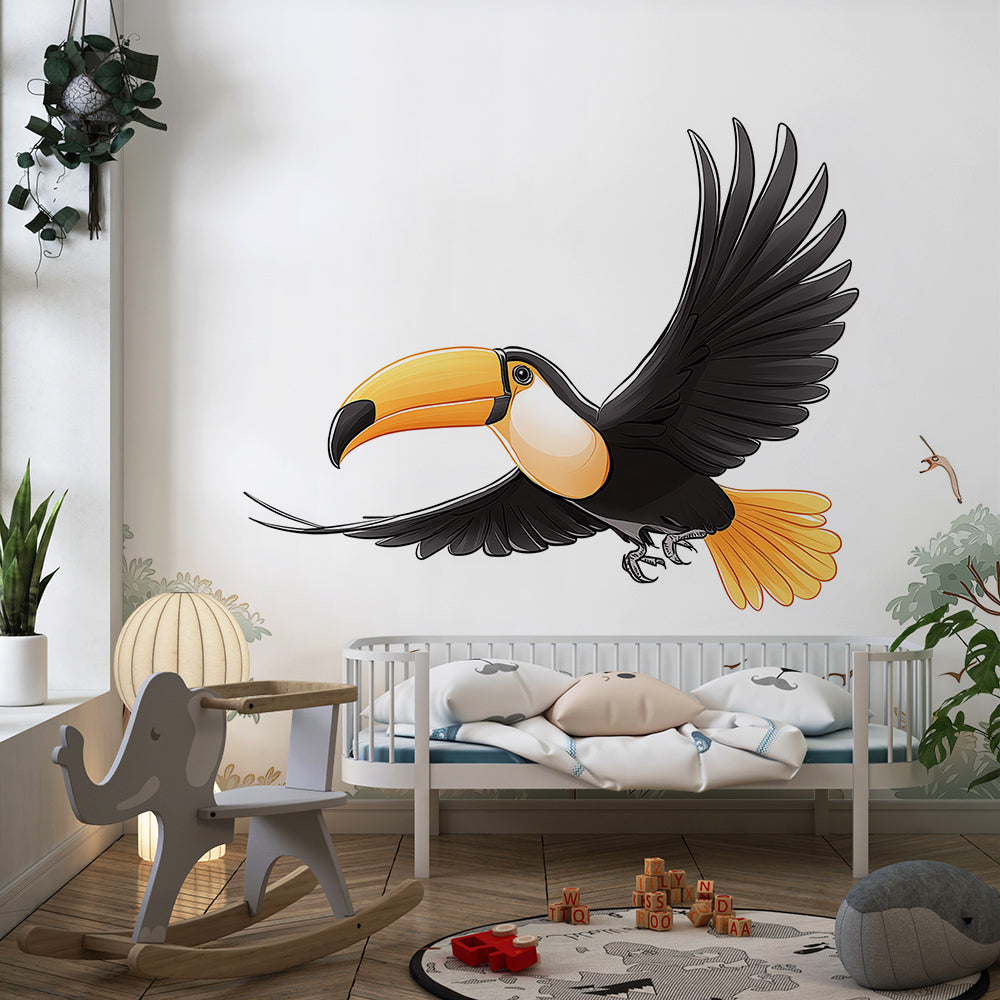Kids-Mundo flying toucan wall mural brightening a playroom wall above a toy shelf.