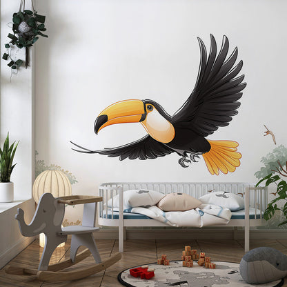 Kids-Mundo flying toucan wall mural brightening a playroom wall above a toy shelf.
