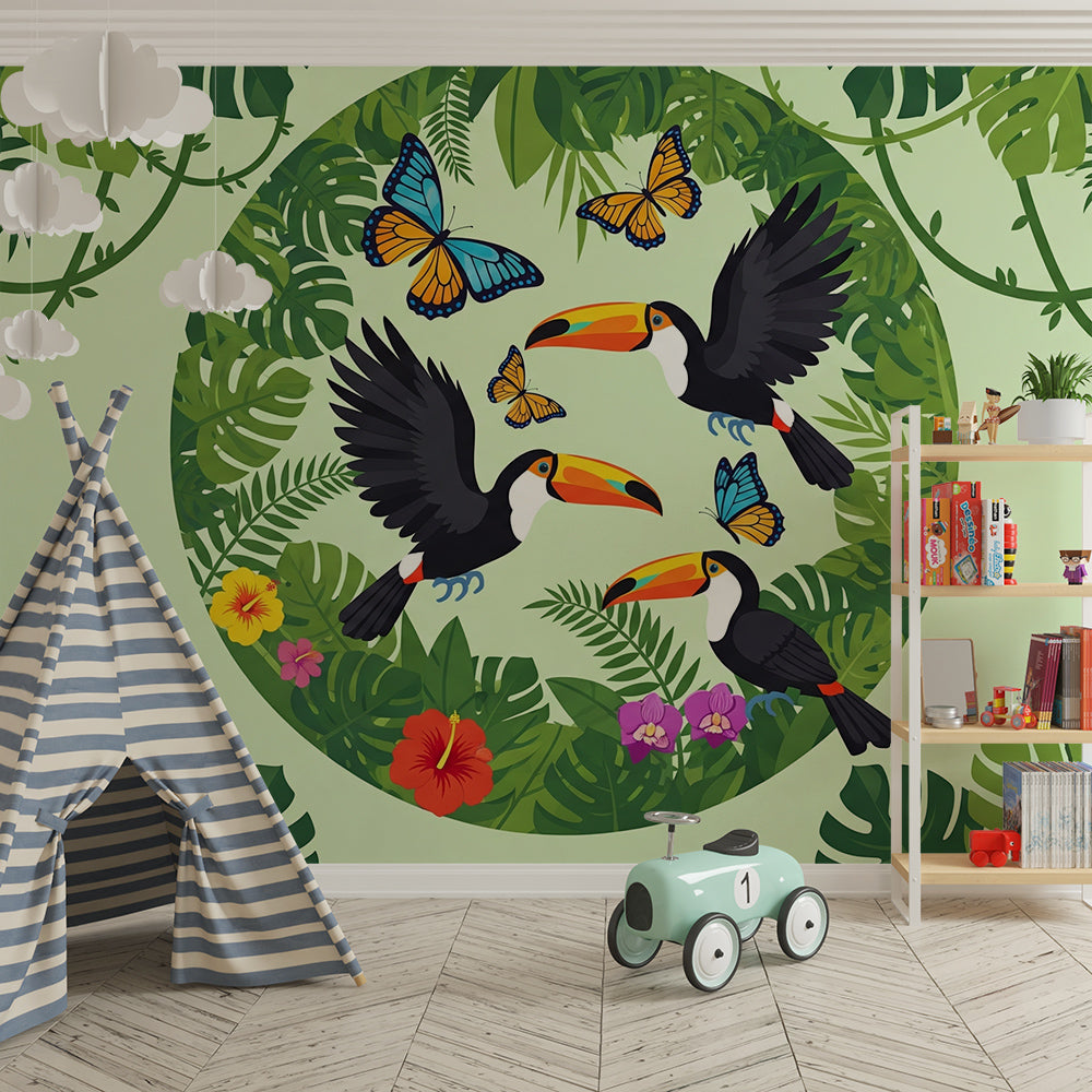 Kids-Mundo bright jungle wall mural with toucans and butterflies in a kids bedroom