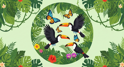 Kids-Mundo flat artwork of three flying toucans and jungle flowers wall mural design