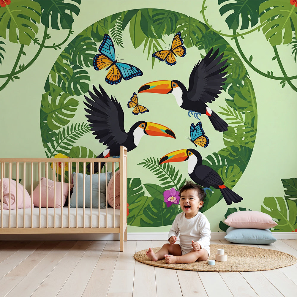 Kids-Mundo vibrant toucan wall mural with flying birds in a colourful nursery