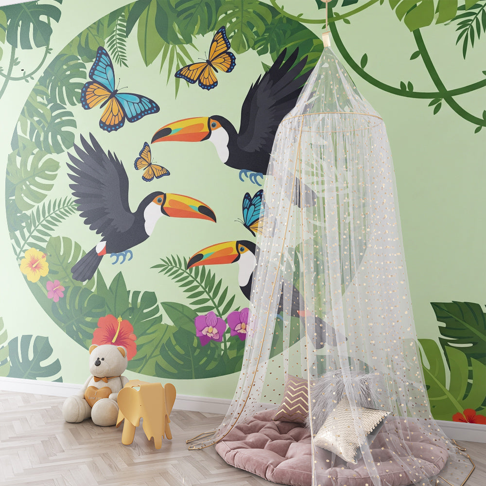 Kids-Mundo lively toucan wallpaper mural with hibiscus blooms in a children's playroom
