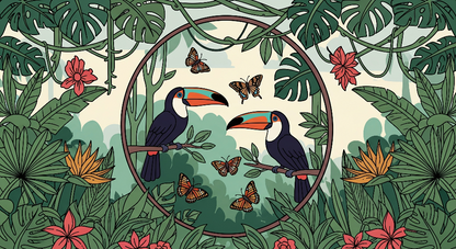 Kids-Mundo flat artwork of toucans, hibiscus and jungle leaves wall mural design
