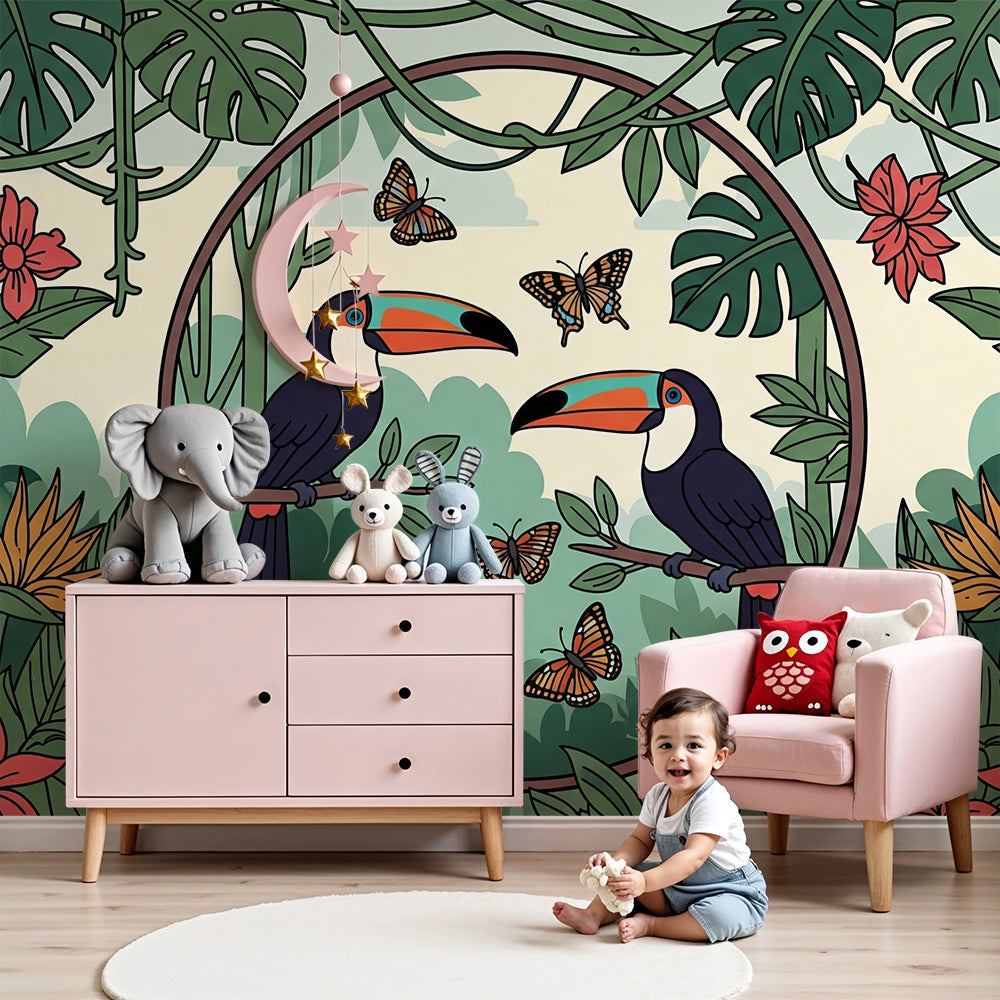 Kids-Mundo vivid toucan and hibiscus jungle wall mural in a warm nursery room