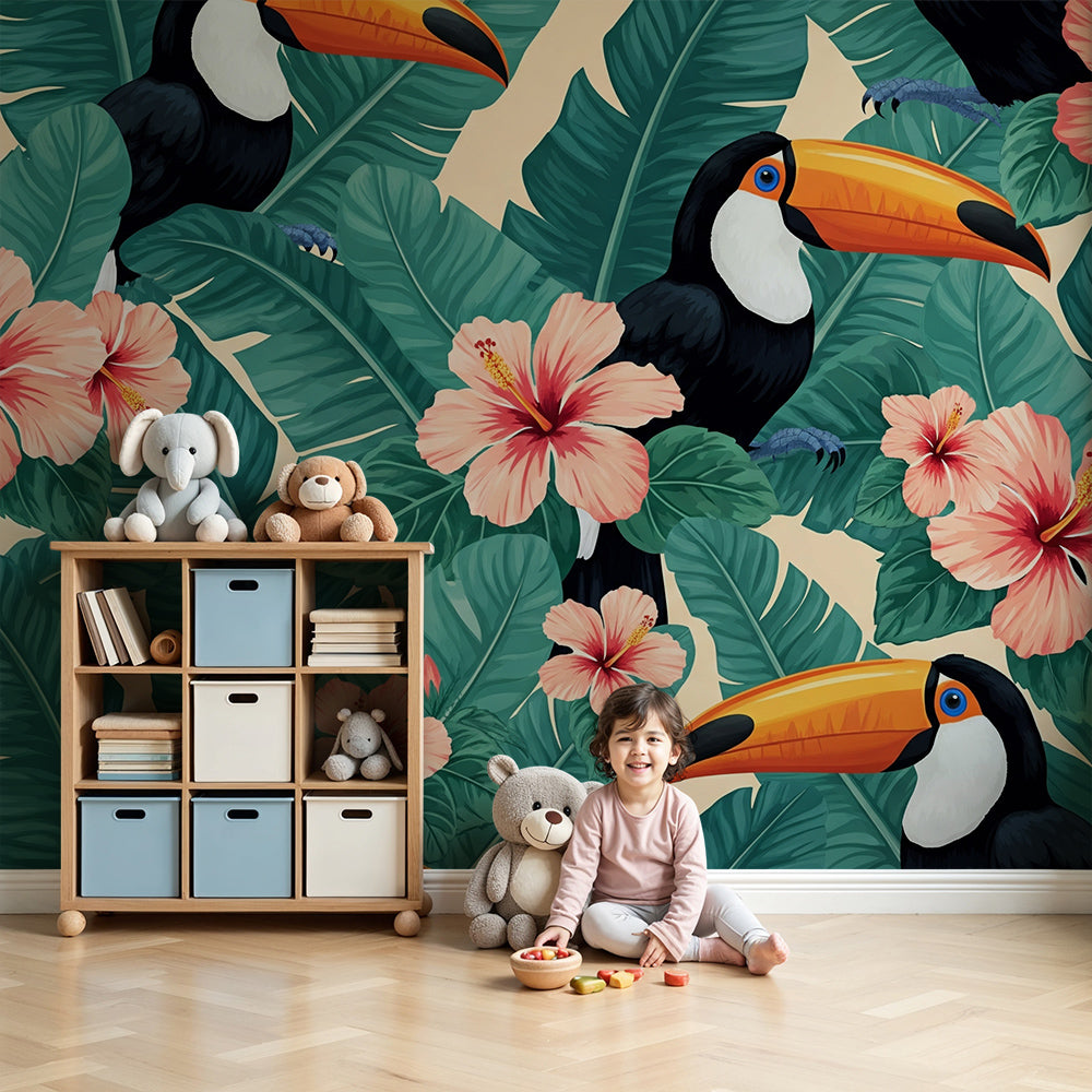 Kids-Mundo toucan and hibiscus jungle wall mural styled in a bright nursery
