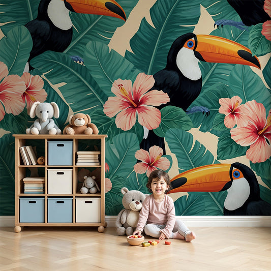Kids-Mundo toucan and hibiscus jungle wall mural styled in a bright nursery
