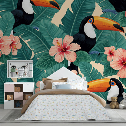 Kids-Mundo jungle toucan and hibiscus wall mural in a playful playroom scene
